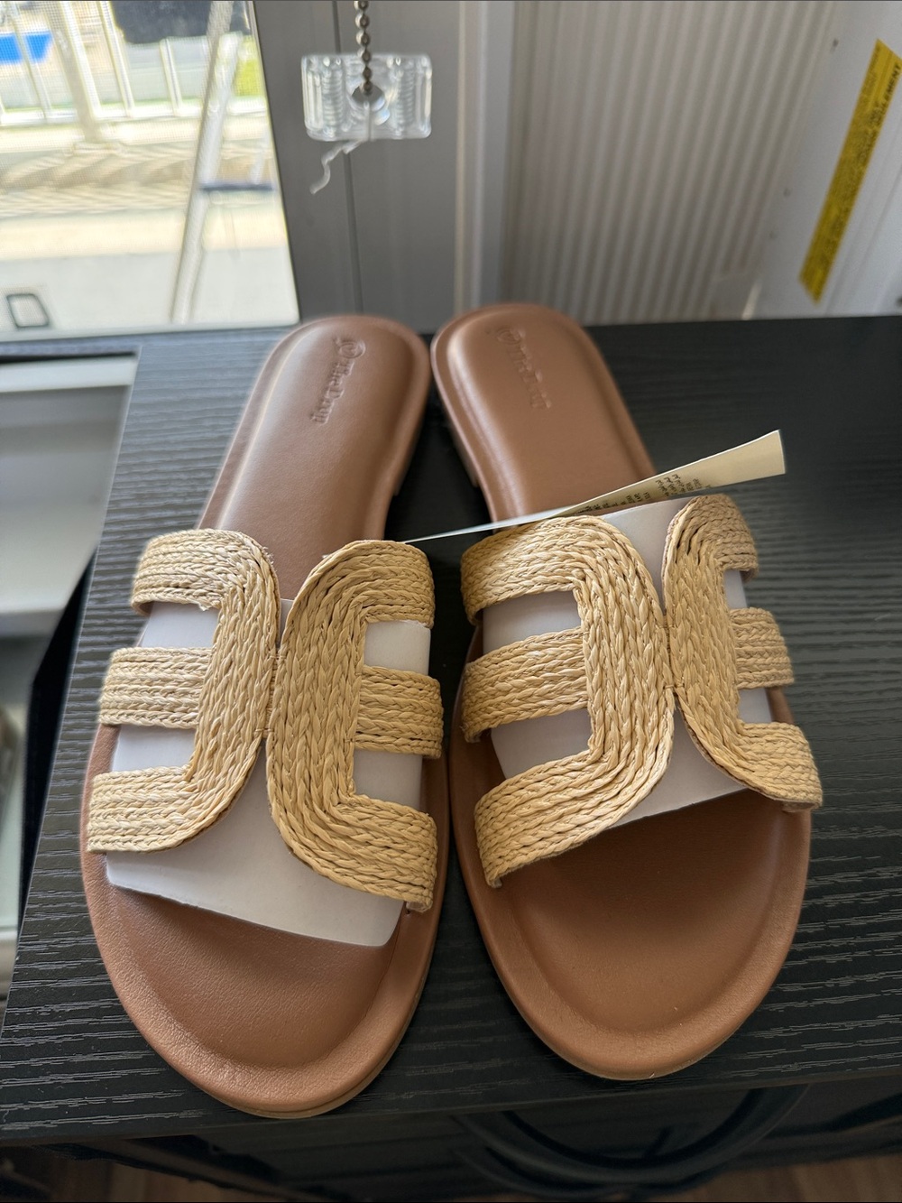 Woven Straw Slide Sandals - Tan